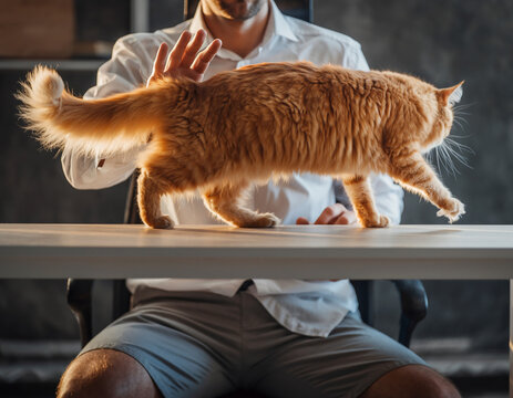 Cat's Tabletop Adventure: A vibrant ginger cat explores a tabletop while a person's hand reaches out, capturing a moment of playful interaction in a cozy setting. - Powered by Adobe
