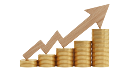 Wooden arrow graph on stacked gold coins isolated on a transparent background