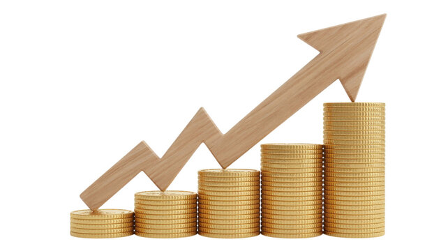 Wooden arrow graph on stacked gold coins isolated on a transparent background