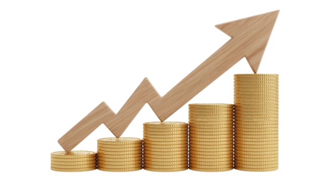 Wooden arrow graph on stacked gold coins isolated on a transparent background