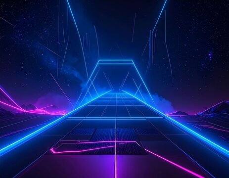Neon tunnel leads to infinite space in a futuristic landscape