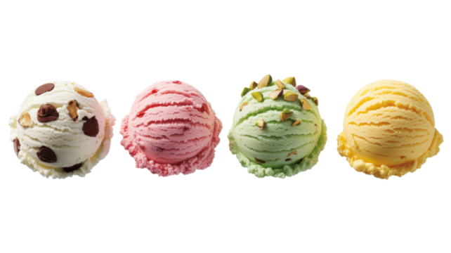 Four scoops of ice cream isolated on a transparent background