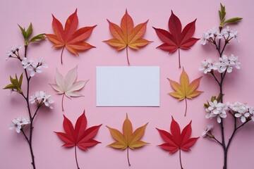 Autumn leaves and white flowers flat lay on pink background with copy space
