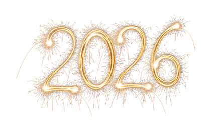 Sparkling golden numbers 2026 created with light painting and fireworks isolated on transparent background