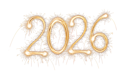 Sparkling golden numbers 2026 created with light painting and fireworks isolated on transparent background