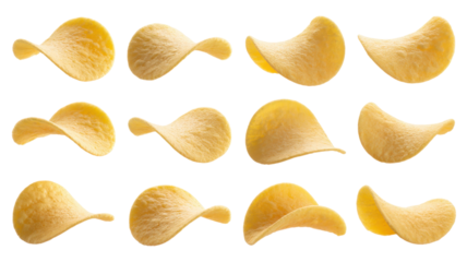 Potato chips arranged in grid isolated on a transparent background