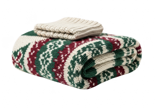 Folded knitted blanket with fair isle pattern and knitted hat cozy winter home decor warm and soft plaid with traditional ornament for cold weather isolated on a transparent background	