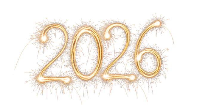 Sparkling golden numbers 2026 created with light painting and fireworks isolated on transparent background