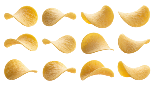 Potato chips arranged in grid isolated on a transparent background