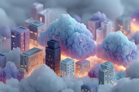 Dreamy cloud cityscape: pastel isometric buildings with glowing lights and soft fog in a surreal metropolis