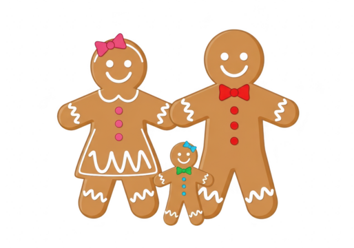 A happy gingerbread family, perfect for adding a sweet and festive touch to your holiday designs and christmas celebrations with its cute design isolated on a transparent background	