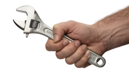 Hand holding adjustable wrench isolated on a transparent background