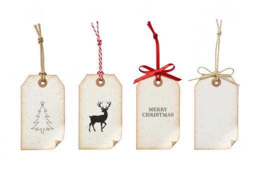 A set of four vintagestyle christmas gift tags, perfect for adding a rustic and personalized touch to your holiday presents and decorations isolated on a transparent background	