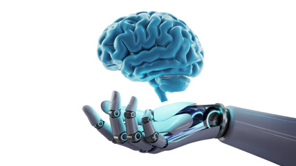 Robot hand holding blue brain isolated on a transparent background