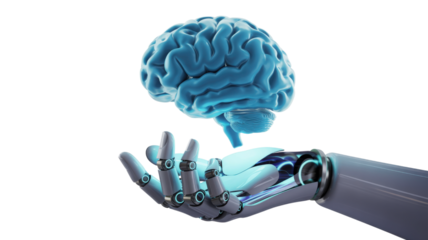 Robot hand holding blue brain isolated on a transparent background