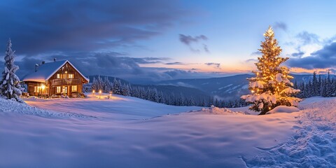 Obraz premium a christmas tree with candles stands in the snow next to a lonely romantically lit hut in mountains