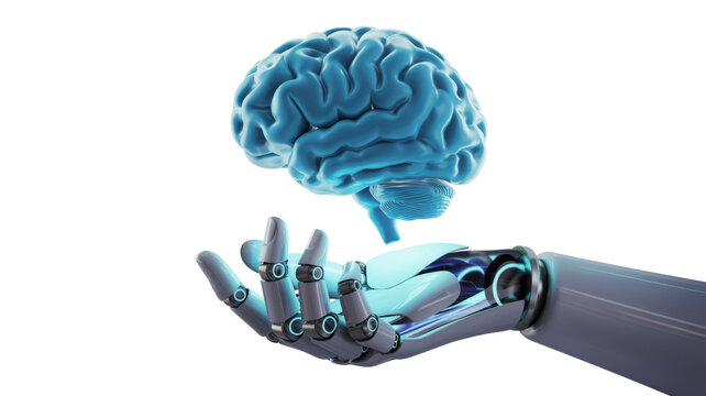 Robot hand holding blue brain isolated on a transparent background - Powered by Adobe