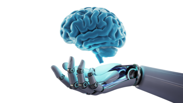 Robot hand holding blue brain isolated on a transparent background - Powered by Adobe