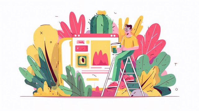A cartoon-style illustration of a person painting a website design surrounded by vibrant plants and cacti.