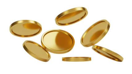 Gold coins falling isolated on a transparent background