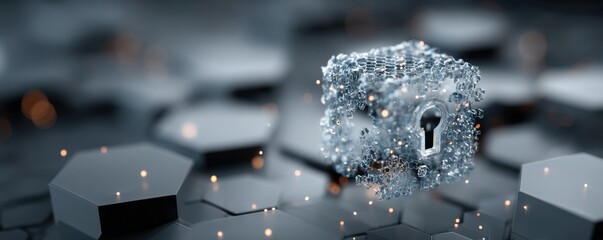 Digital illustration of a blue crystal padlock floating over a hexagonal cybersecurity background glowing