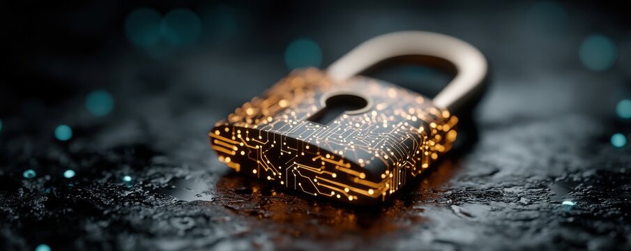 Digital illustration of a futuristic padlock with circuit patterns signaling cybersecurity and protection