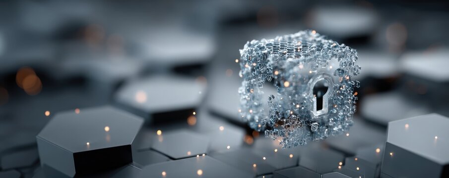 Digital illustration of a blue crystal padlock floating over a hexagonal cybersecurity background glowing