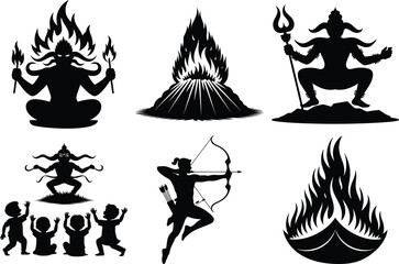 Traditional Dussehra Silhouette Vector Illustration - Vijayadashami Festival. Lord Rama and Ravana, Hindu Mythology, Bow and Arrow, Indian Festival, Hindu Cultural Vector Illustration.