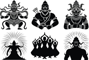 Traditional Dussehra Silhouette Vector Illustration - Vijayadashami Festival. Lord Rama and Ravana, Hindu Mythology, Bow and Arrow, Indian Festival, Hindu Cultural Vector Illustration.