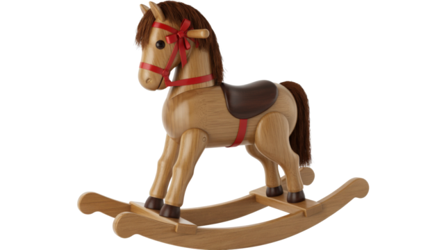 Wooden rocking horse with red bridle isolated on a transparent background
