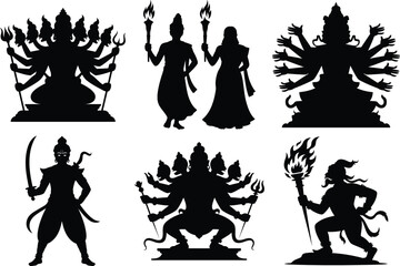 Traditional Dussehra Silhouette Vector Illustration - Vijayadashami Festival. Lord Rama and Ravana, Hindu Mythology, Bow and Arrow, Indian Festival, Hindu Cultural Vector Illustration.