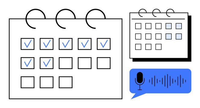 Calendar grid with checkmarks, highlighted dates, and a blue voice input icon connecting digital and physical planning. Ideal for time management, productivity, appointments, schedules, workflow