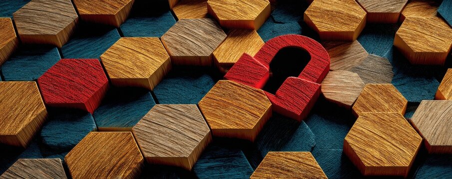 Wooden hexagonal grid with a red security lock symbol among blocks - Powered by Adobe