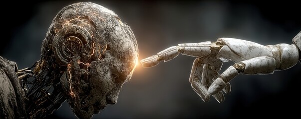 Robot hand touching a mechanical humanoid head glowing with energy