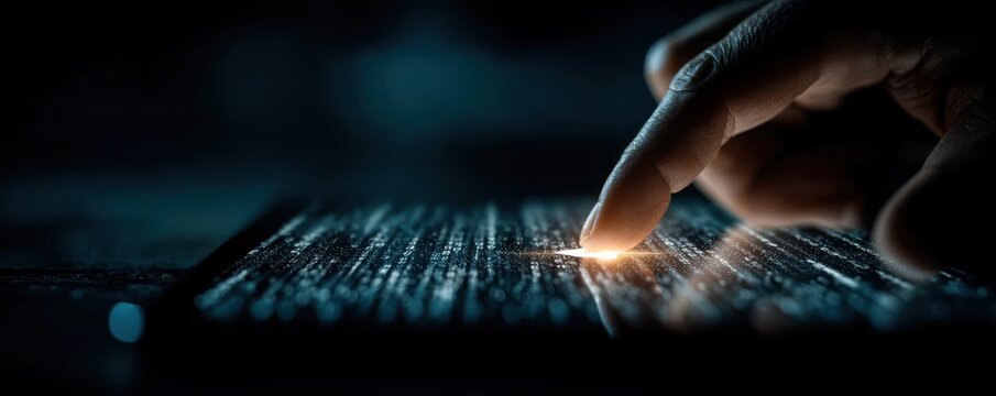 Close-up of a hand touching a tablet screen with glowing data, conveying cybersecurity and digital security vibes