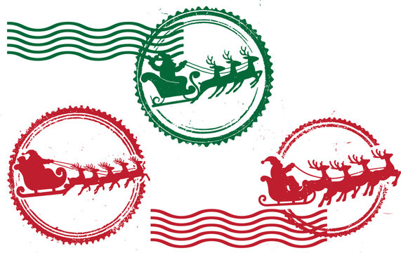 Super grunge vintage rubber stamp seals of Santa Sleigh and reindeer