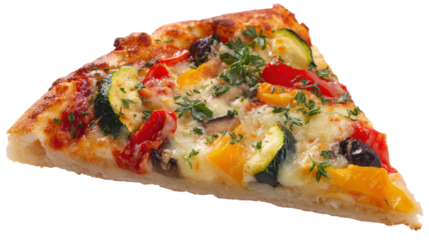 Vegetable pizza slice with cheese isolated on a transparent background