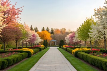 Obraz premium Symmetrical spring garden with blooming trees, vibrant flower beds, and a central path leading to a peaceful gazebo in the distance.