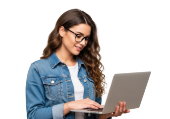 Young woman wearing glasses and a denim jacket smiling while typing on a laptop computer isolated on transparent background