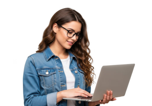 Young woman wearing glasses and a denim jacket smiling while typing on a laptop computer isolated on transparent background