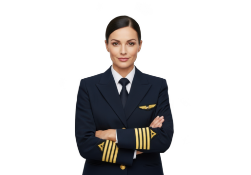 Professional female airline captain posed confidently with arms crossed isolated on transparent background