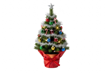 A festive miniature christmas tree adorned with colorful ornaments, tinsel, and a star on top, nestled in a red pot, , creating a joyful holiday atmosphere isolated on a transparent background	