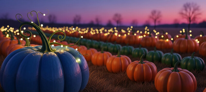 Field with rows of pumpkins, some with decorative lights, at dusk. It represents autumnal harvest, celebration and Thanksgiving themes