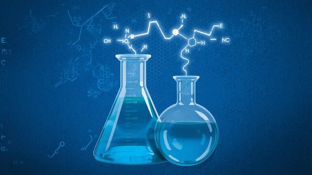 Laboratory glassware with blue liquid and glowing chemical formula on a textured blue background science