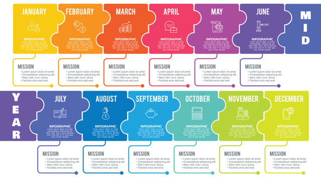 Vibrant Monthly Infographic Calendar Timeline With Mission Cards For Each Month, Yearly Overview, Business Planning, Project Scheduling, And Creative Time Management Template
