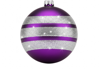 A shiny purple christmas ornament with silver glitter stripes, perfect for adding a festive touch to your holiday decorations and celebrations isolated on a transparent background