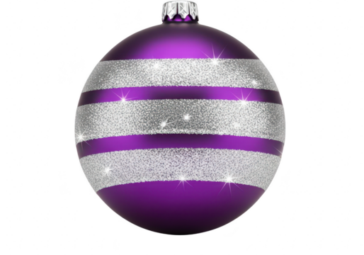 A shiny purple christmas ornament with silver glitter stripes, perfect for adding a festive touch to your holiday decorations and celebrations isolated on a transparent background	