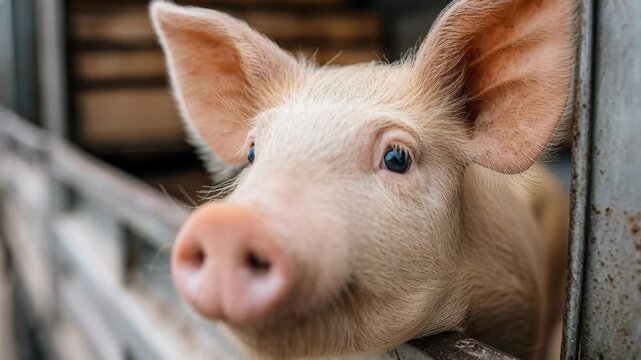 A curious young pig peeks out from a metal farm enclosure, showing its innocent face and blue eyes, ready for adventure.