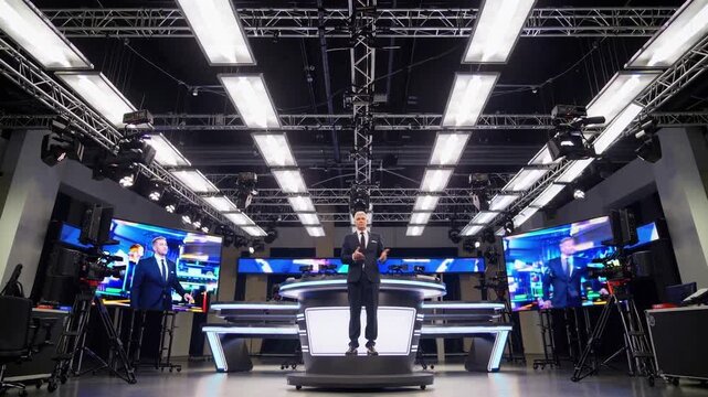 news anchor stands in studio under linear LED lights, surrounded by video walls and camera rigs, presenter at central desk delivering live report, production crew and control monitors visible, sleek