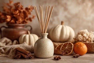 Fototapeta premium Autumn still life with diffuser, pumpkins, citrus, and cinnamon in warm rustic decor